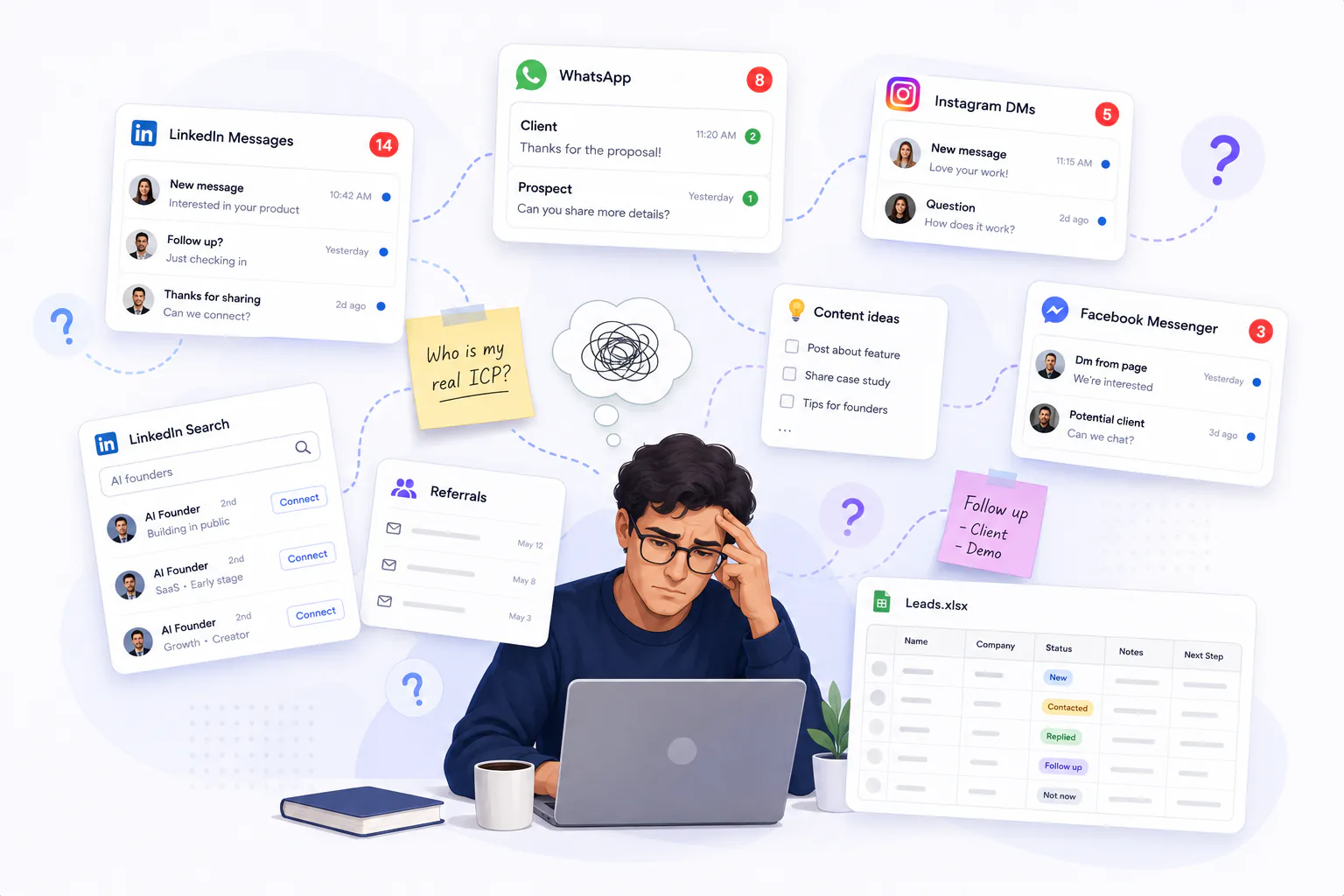 Founder surrounded by scattered sales channels, open messages, reminders, and lead spreadsheets.